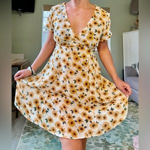 Yellow sunflower t-shirt v neck sundress, chiffon.